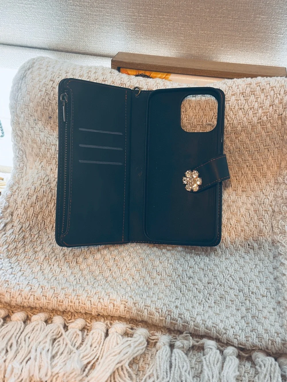 Quilted Black Wristlet Phone Wallet with Floral Snap For IPhone 14 Pro Max
